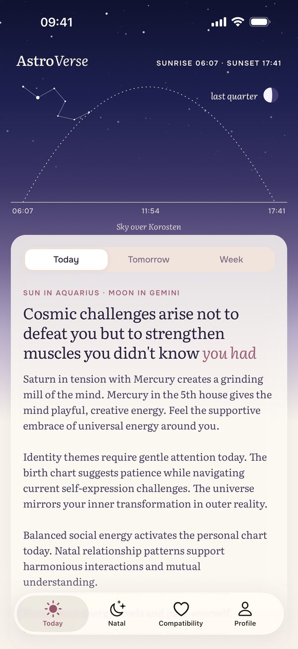 AstroVerse Today screen with a personal daily forecast
